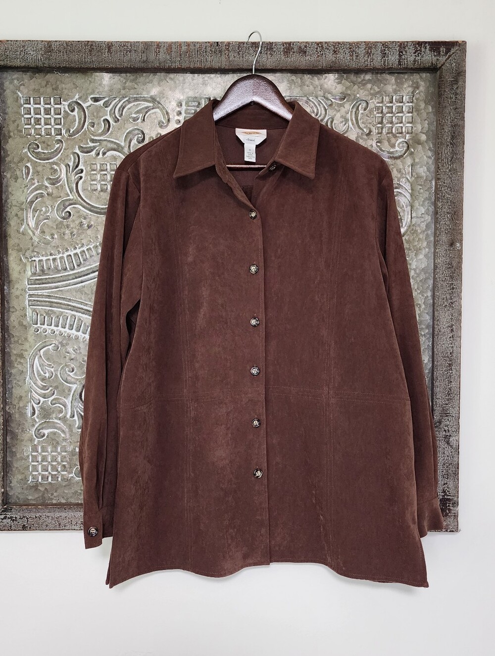 Vtg Talbots Classic Chocolate Brown Faux Suede Button-Front Shirt Jacket Medium